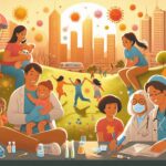 Une illustration représentant une scène de solidarité pendant la pandémie de COVID-19, avec des familles souriantes, des enfants jouant dans un parc, et des médecins et scientifiques travaillant ensemble