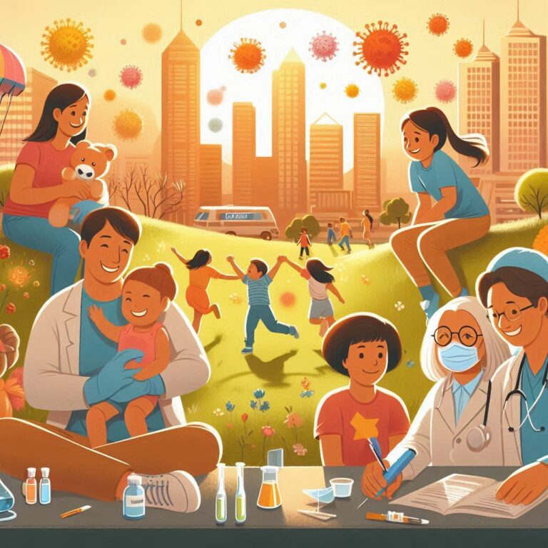 Une illustration représentant une scène de solidarité pendant la pandémie de COVID-19, avec des familles souriantes, des enfants jouant dans un parc, et des médecins et scientifiques travaillant ensemble