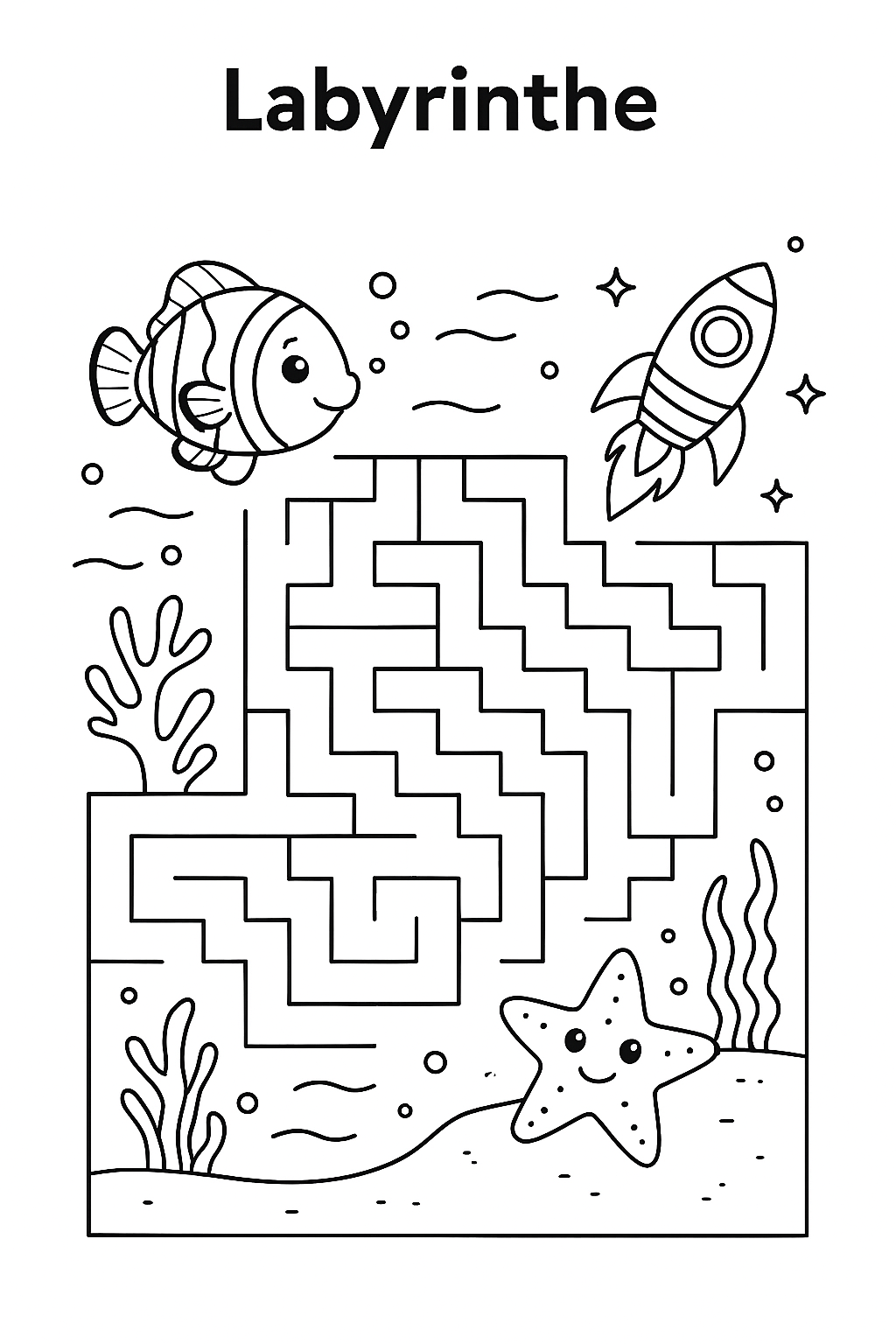 Petit Poisson a perdu son chemin dans le grand récif. Peux-tu l’aider à retrouver l’étoile de mer avant que le soleil ne se couche ?