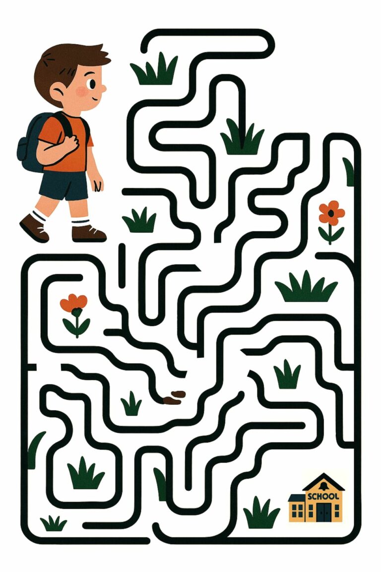 Un enfant avec son cartable explore un labyrinthe