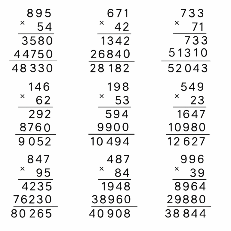 Voici des multiplications composées, parfaites pour des activités éducatives avec correction