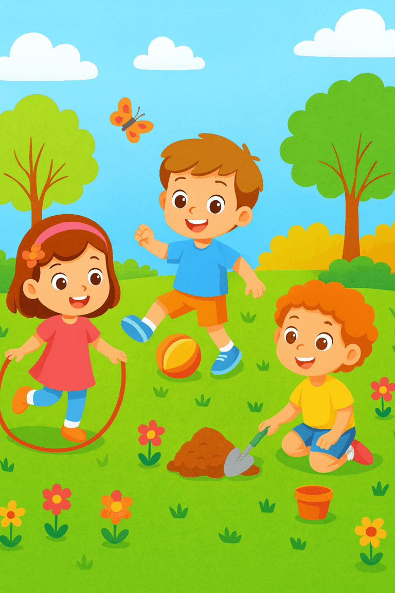 Voici une feuille de coloriage représentant des enfants qui jouent joyeusement dans un jardin