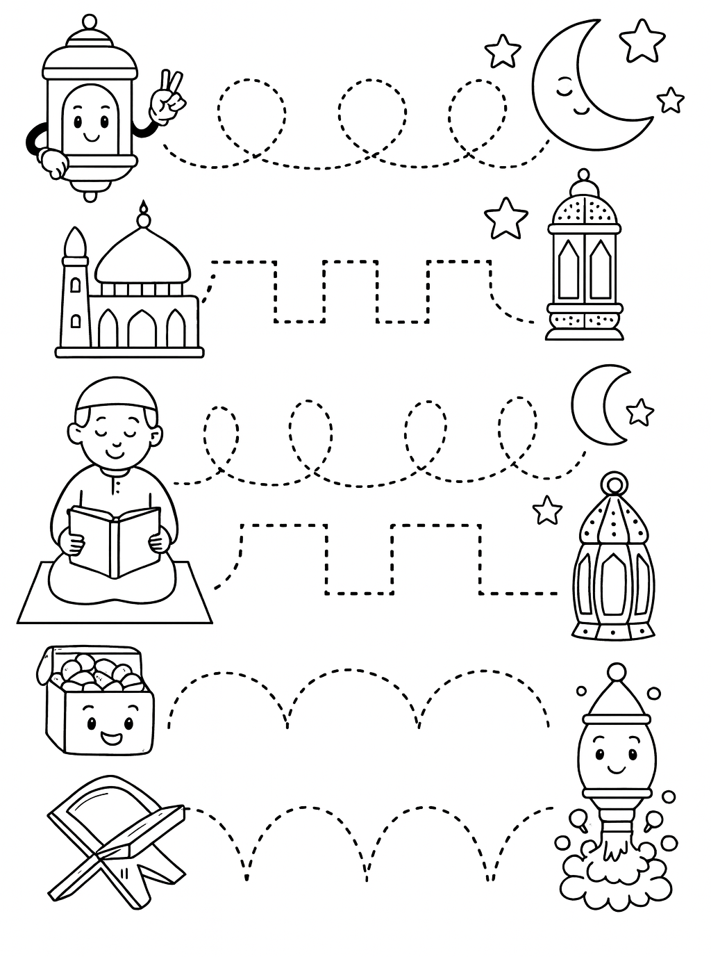 Fiches de traçage ludiques sur le thème du Ramadan : Activité éducative à imprimer pour enfants dès 3 ans.