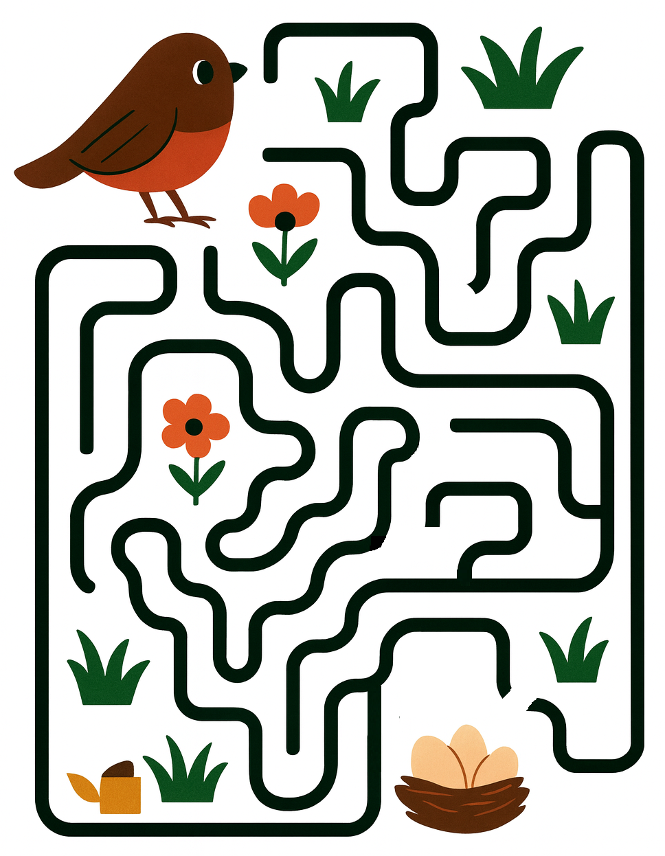 Voici un labyrinthe à colorier où un oiseau doit retrouver son nid.